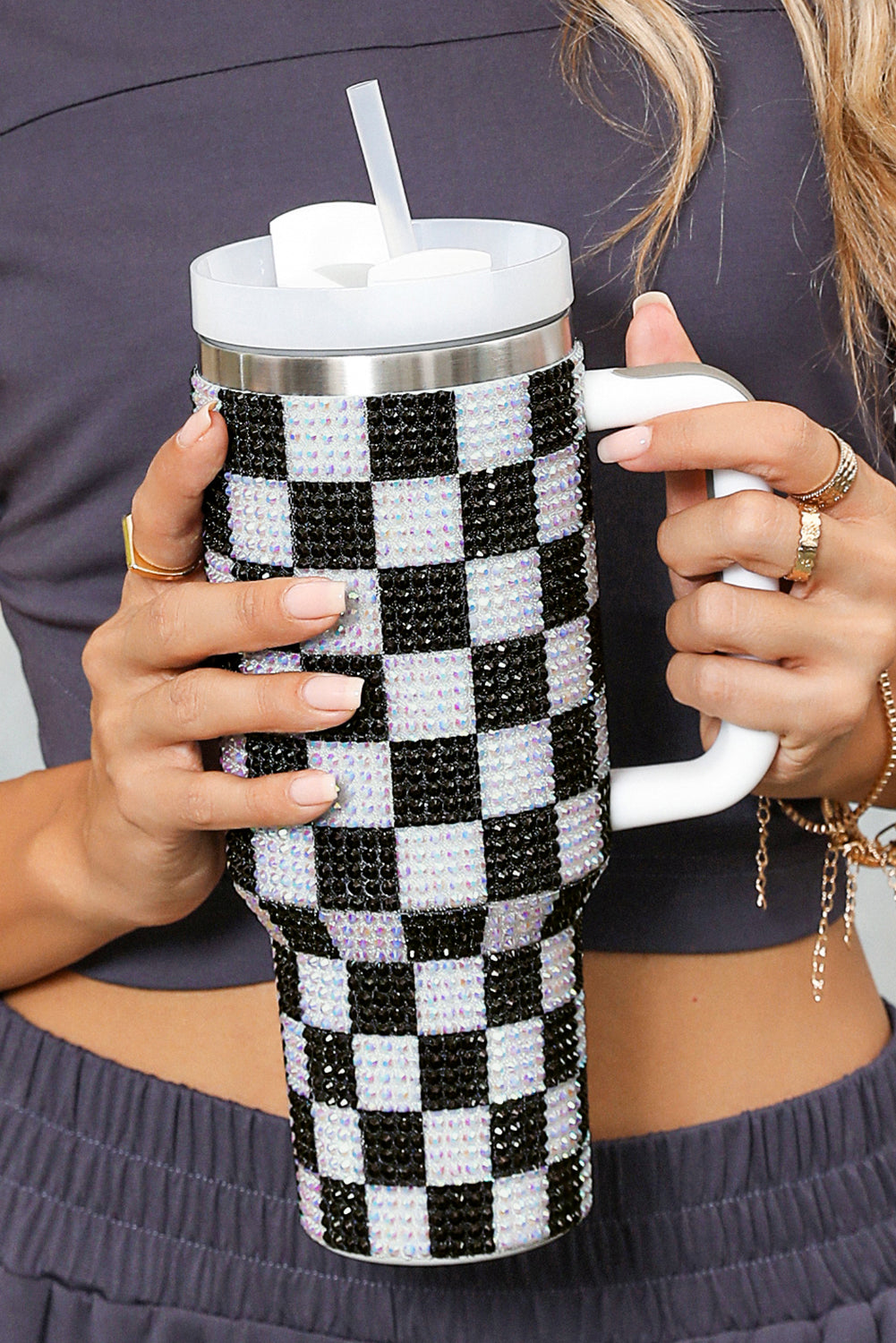 Black 40oz Rhinestone Checkered Handled Tumbler-True and Wild