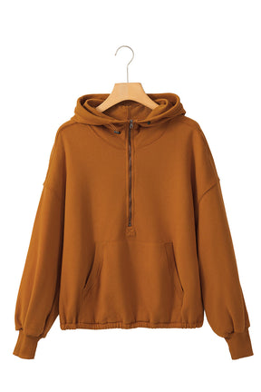 Yellow Solid Color Half Zip Pullover Hoodie with Kangaroo Pocket