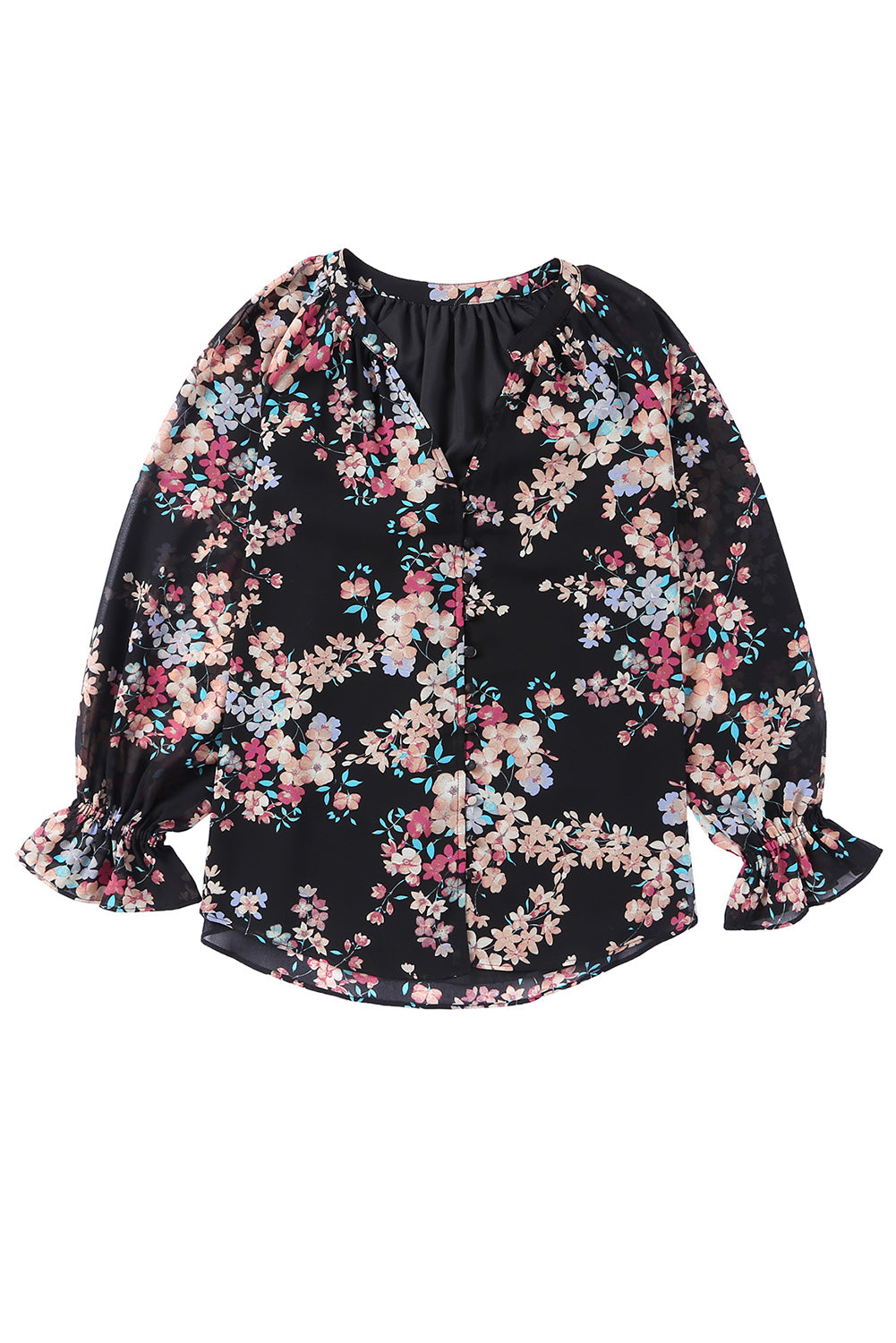 Black Floral Boho Chiffon Peasant Sleeve Blouse-True and Wild