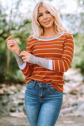 Brown Contrast Spliced Colorblock Cuffed Rib Knit Top-True and Wild