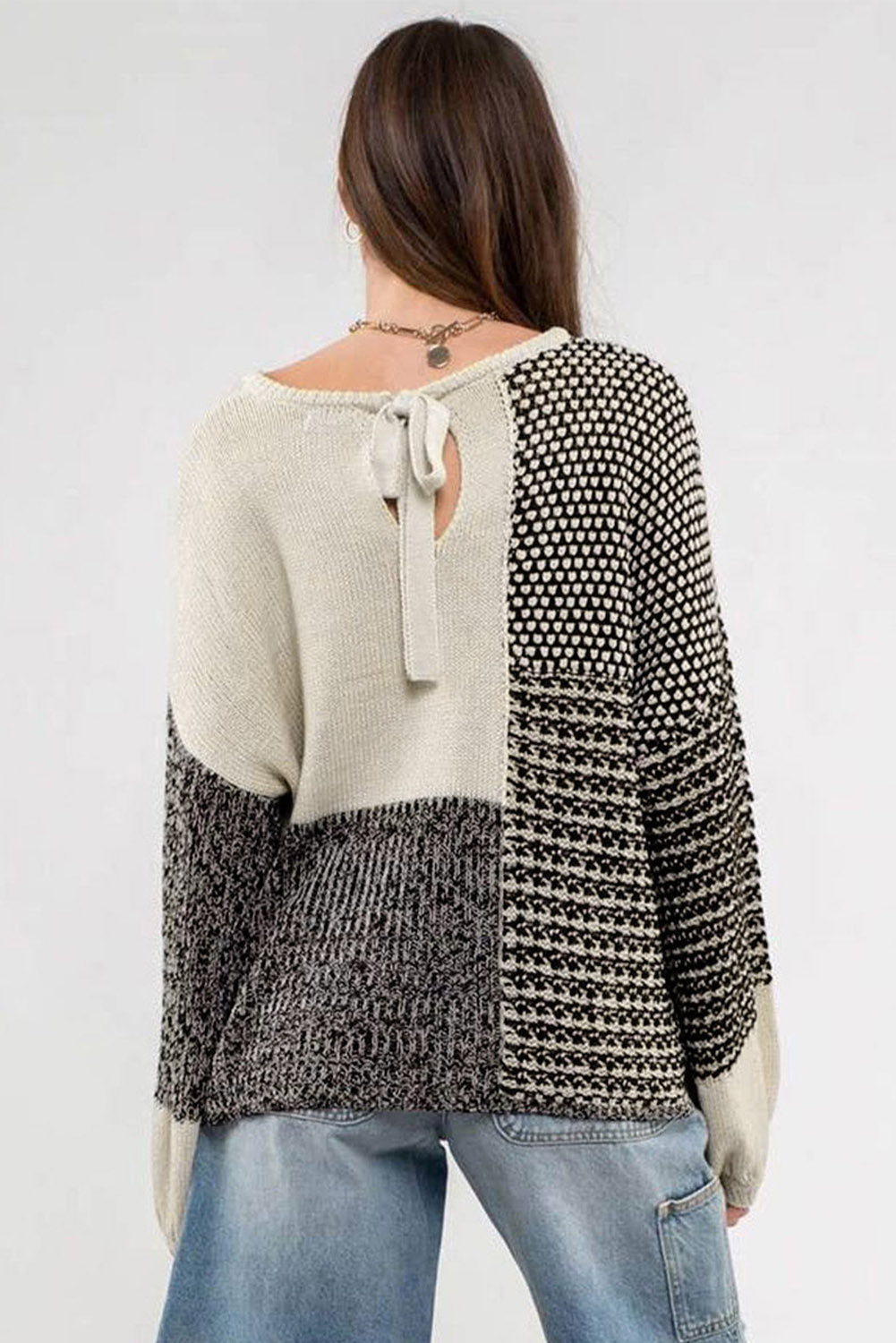 Pink Colorblock Tie Back Drop Shoulder Knit Sweater-True and Wild