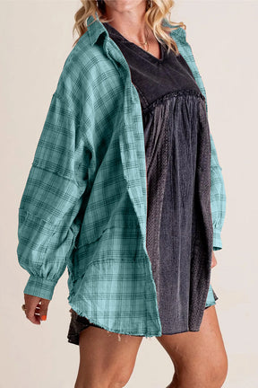 Exposed Seam Plaid Collared Neck Long Sleeve Shirt-True and Wild