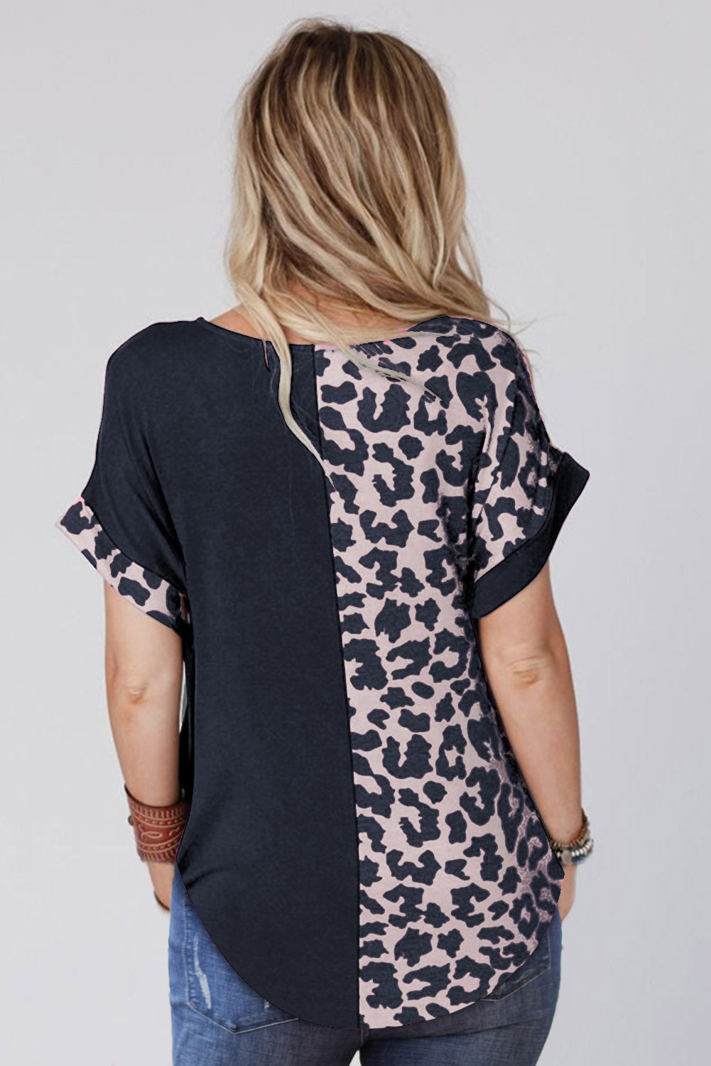 Black Leopard Print Color Block Rolled Up Sleeve Casual T Shirt-True and Wild