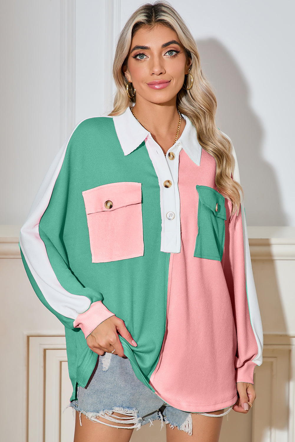 Pink Colorblock Patchwork Ribbed Oversized Sweatshirt-True and Wild