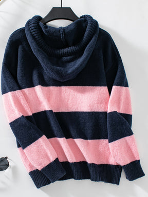 Drawstring Contrast Stripe Dropped Shoulder Hooded Sweater-True and Wild