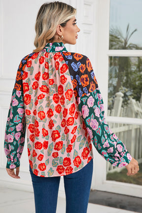 Red Colorblock Floral Print Puff Sleeve Shirt-True and Wild