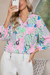 Green Tropical Floral Frill V-Neck Puff Sleeve Blouse-True and Wild