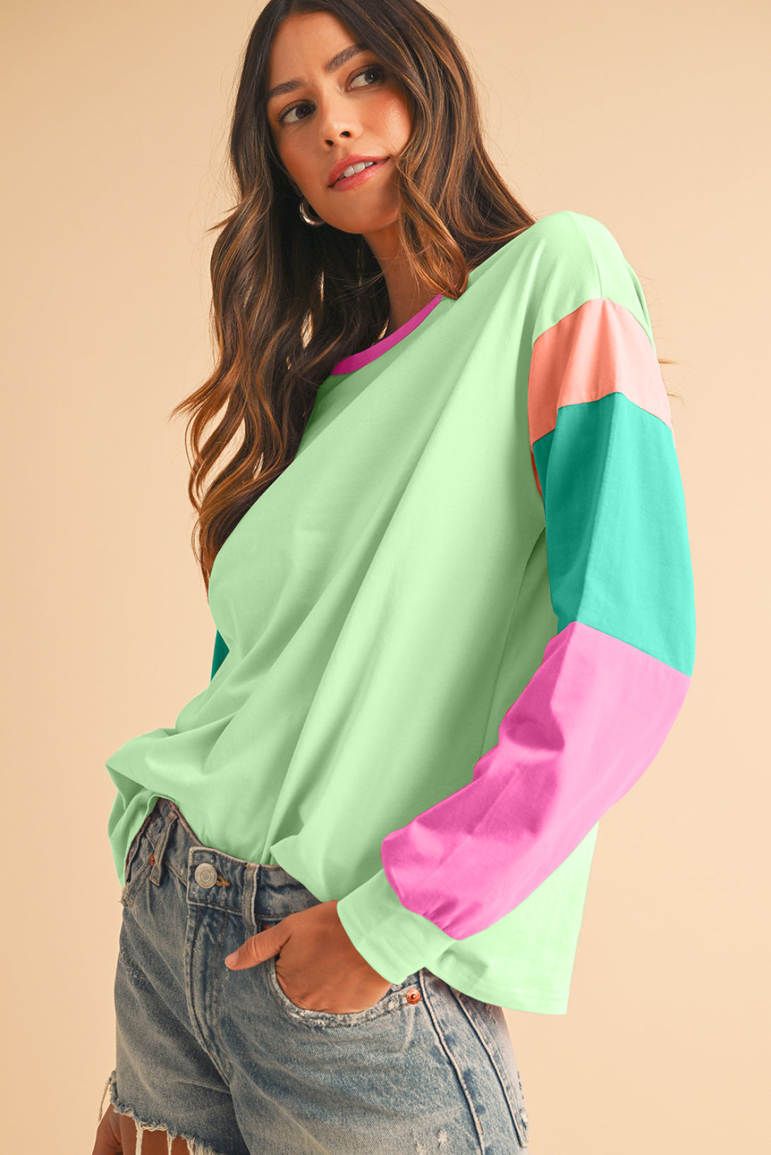 Rose Red Color Block Sleeve Loose Fit Top-True and Wild