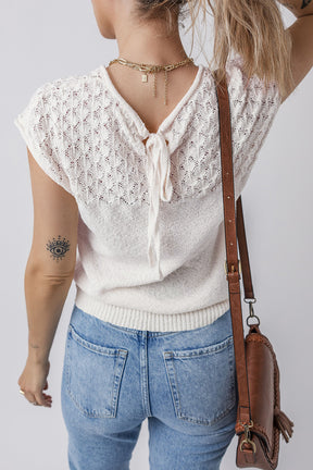 White Plain Knotted Back Crochet Knit Top