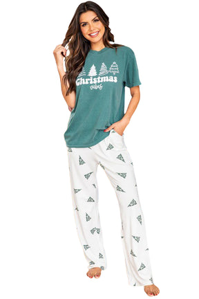 Green Christmas Tree Print Tee & White Pants Loungewear Set-True and Wild