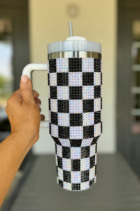 Black 40oz Rhinestone Checkered Handled Tumbler-True and Wild