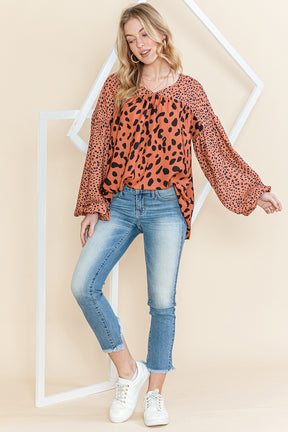 Brown Leopard V Neck Lantern Sleeve Tunic Blouse-True and Wild