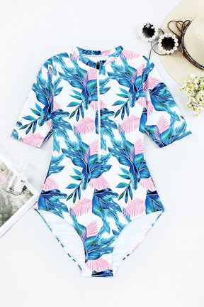 Blue Plant Print Zip Front Half Sleeve One Piece Swimsuit