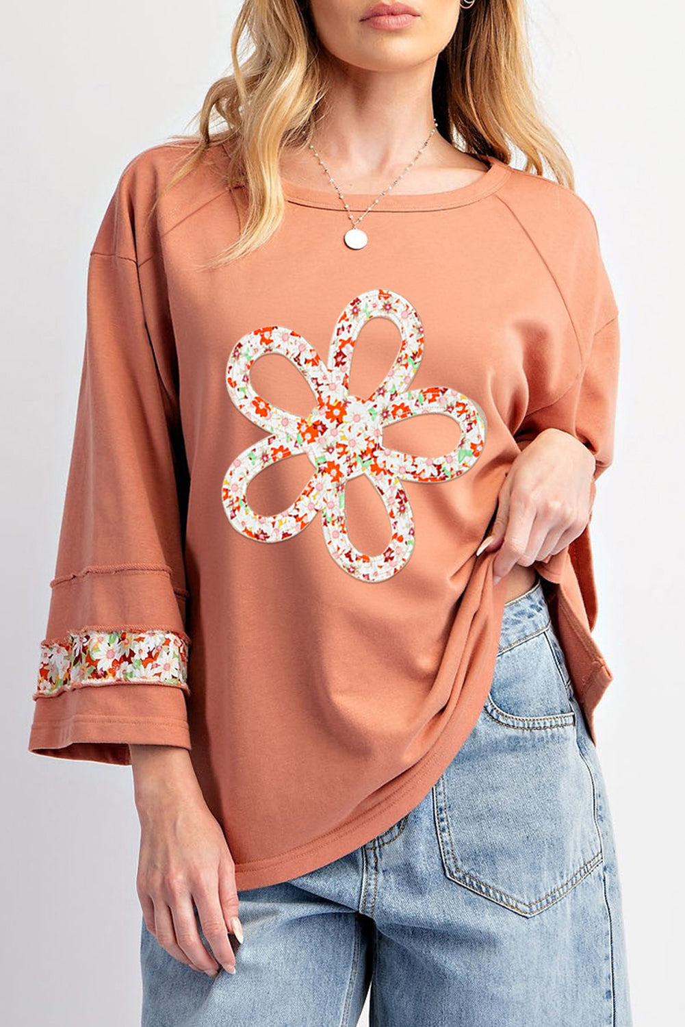 Grapefruit Orange Flower Exposed Seam Patchwork Loose Top-True and Wild