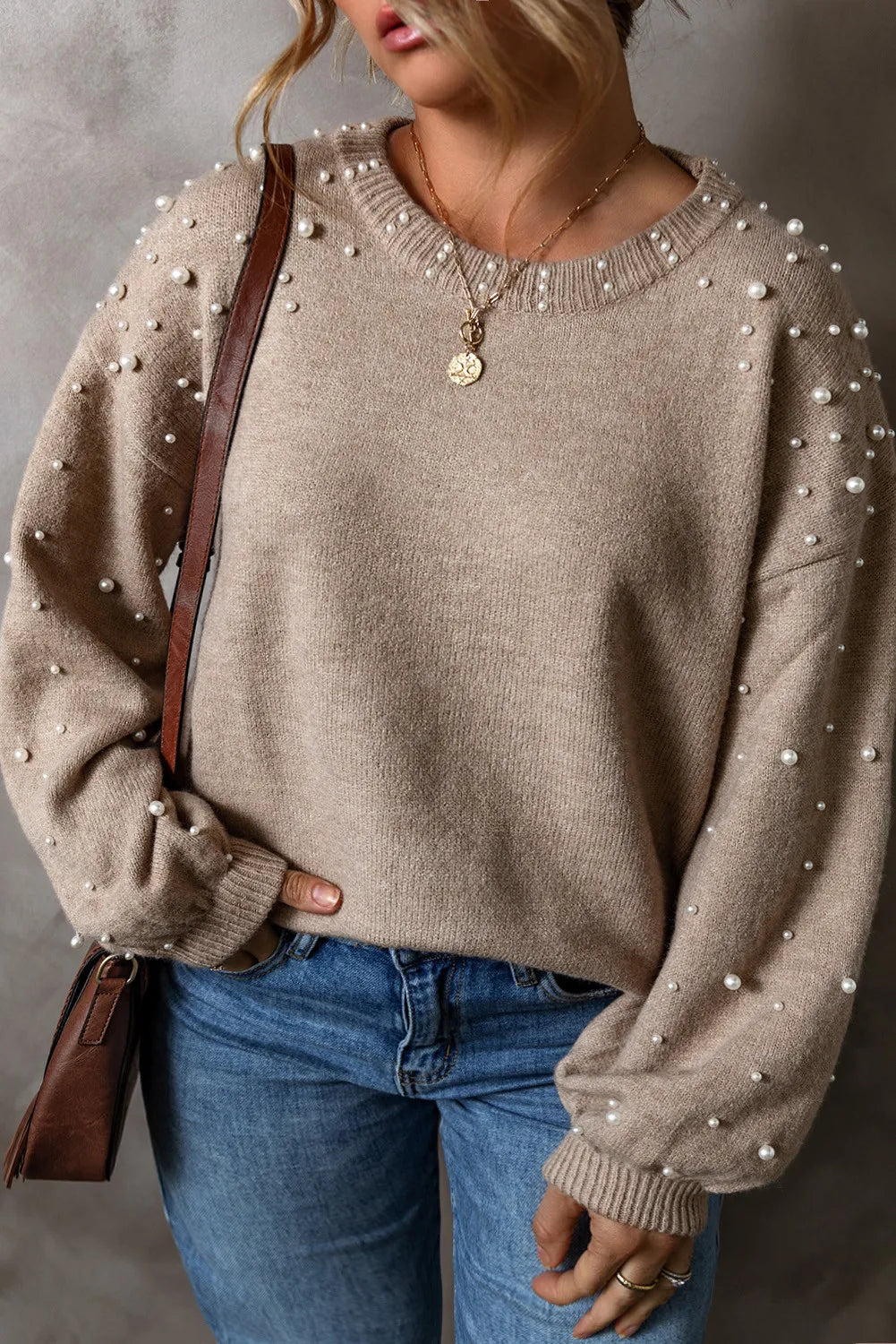 Plus Size Pearl Detail Round Neck Long Sleeve Sweater-True and Wild