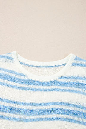 Sky Blue Stripe Boxy Fit Wide Sleeve Knit T Shirt