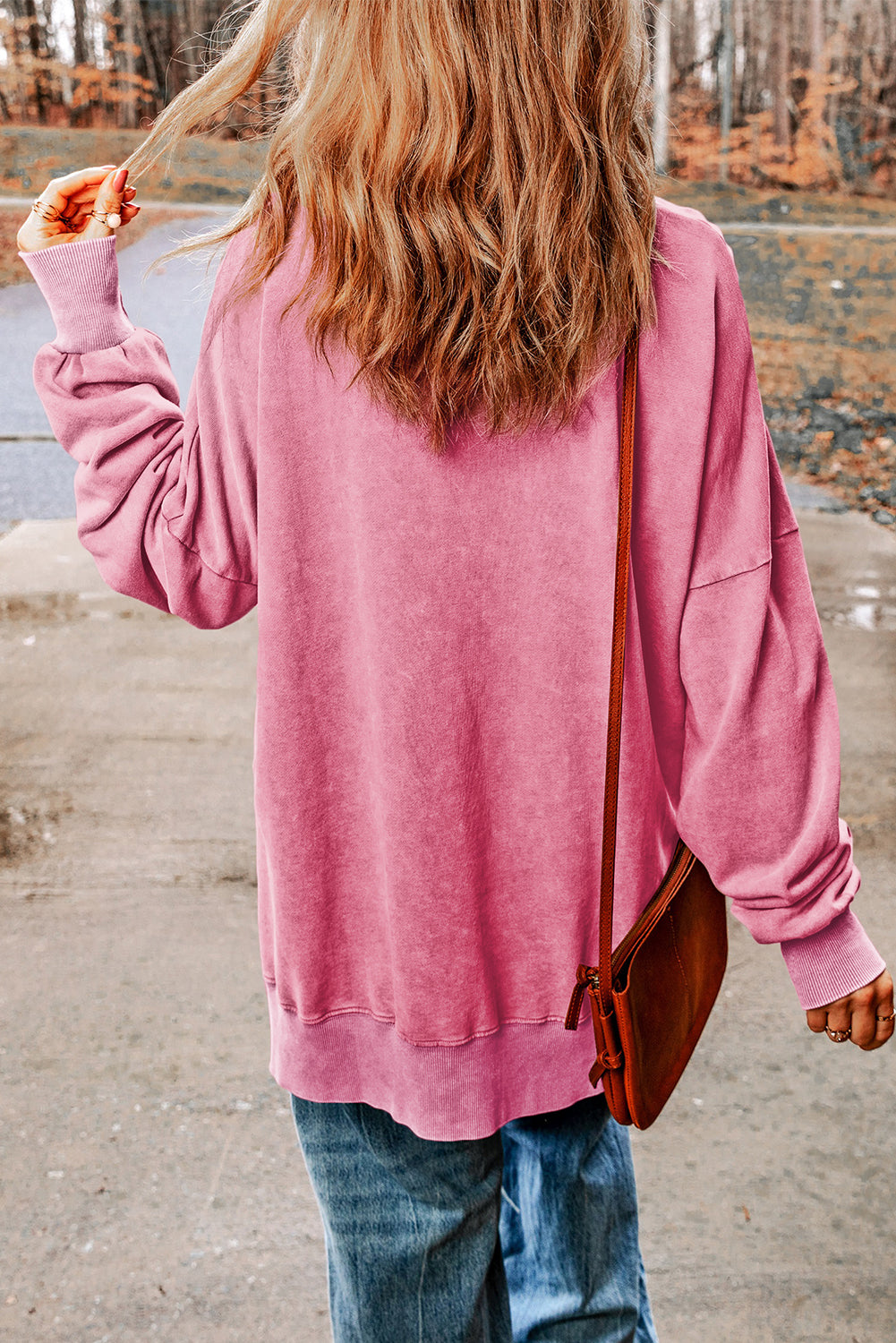 Pink Plain Drop Shoulder Ribbed Trim Oversized Sweatshirt-True and Wild