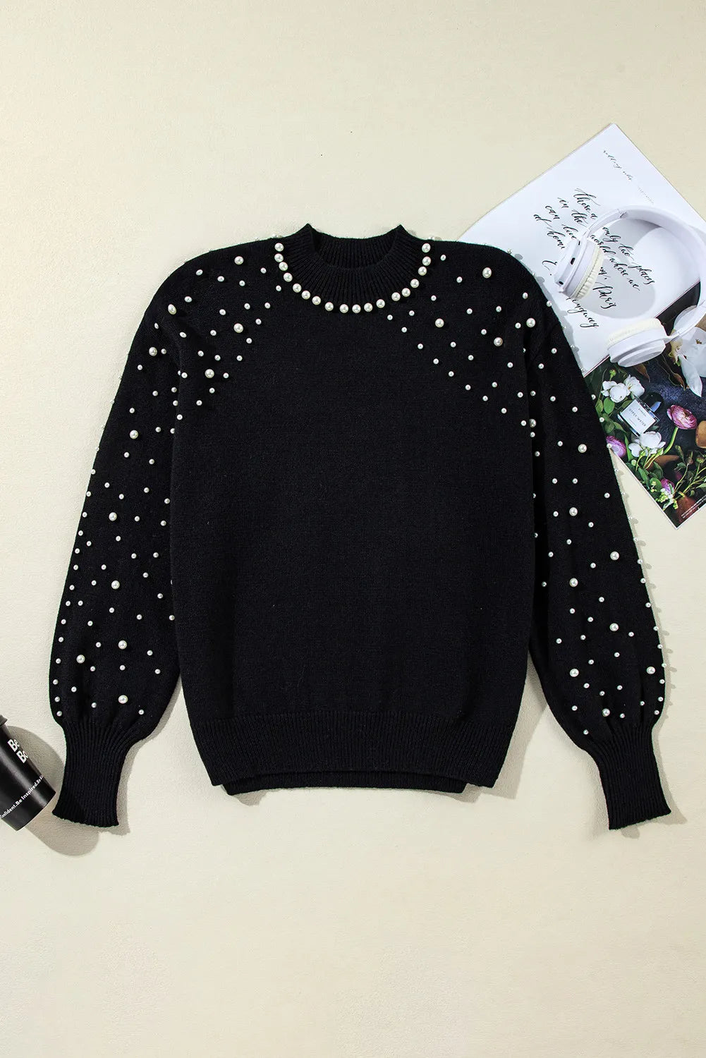 Pearl Detail Mock Neck Long Sleeve Sweater-True and Wild