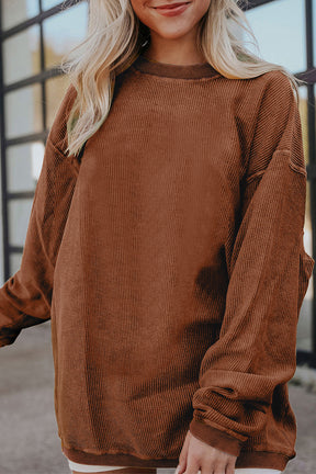 Chestnut Plain Drop Sleeve Crinkle Rib Oversized Sweatshirt-True and Wild