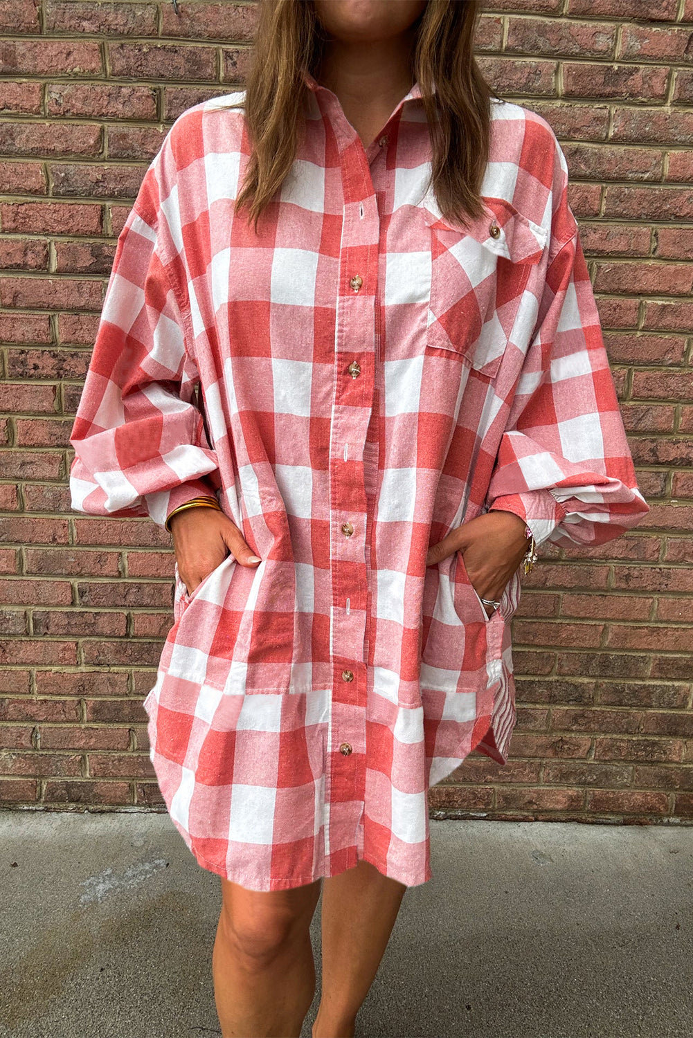 Pink Plaid Oversized Raw Hem Long Sleeve Dress-True and Wild