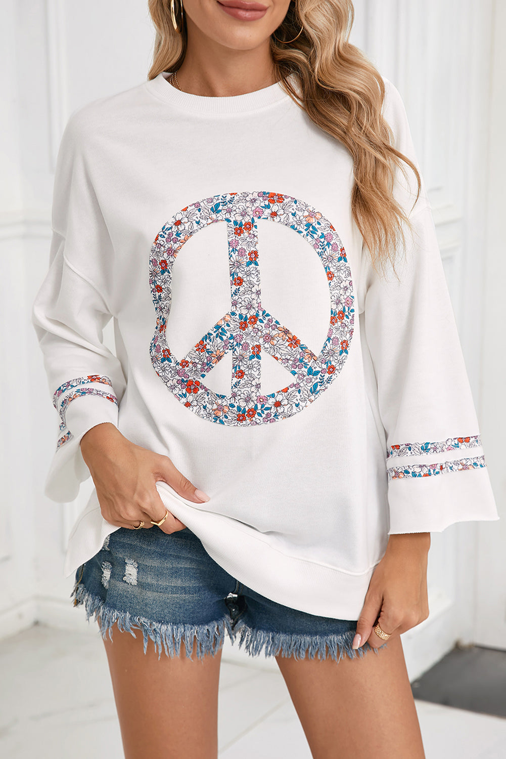 Light Pink Floral Peace Sign Drop Shoulder Top-True and Wild