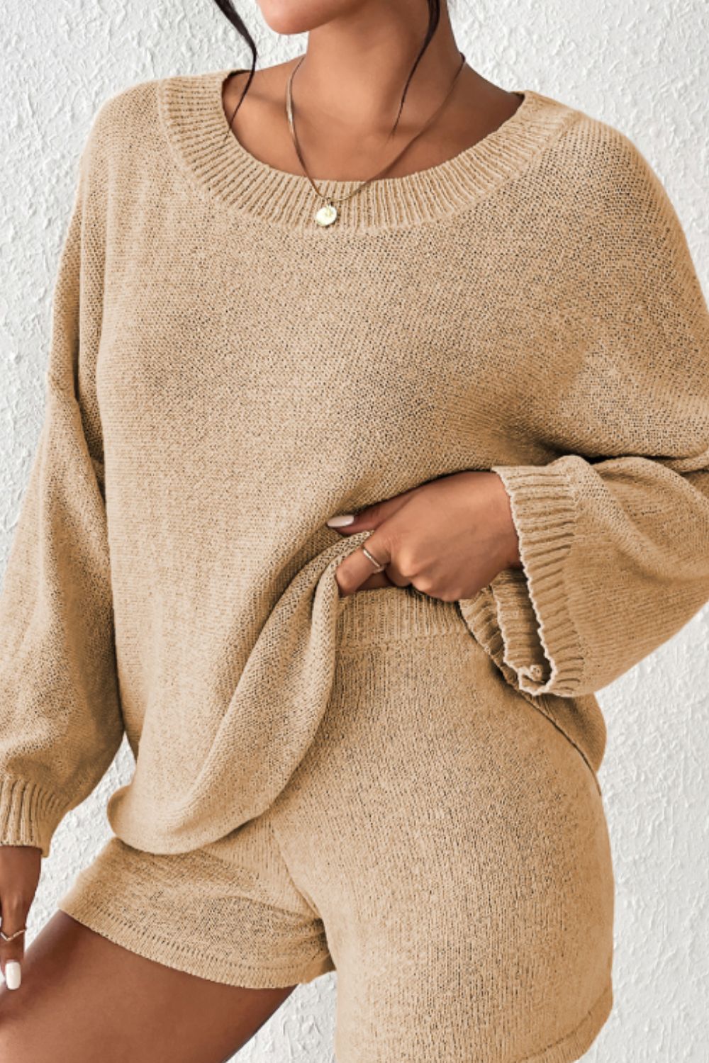 Round Neck Drop Shoulder Top and Shorts Sweater Set