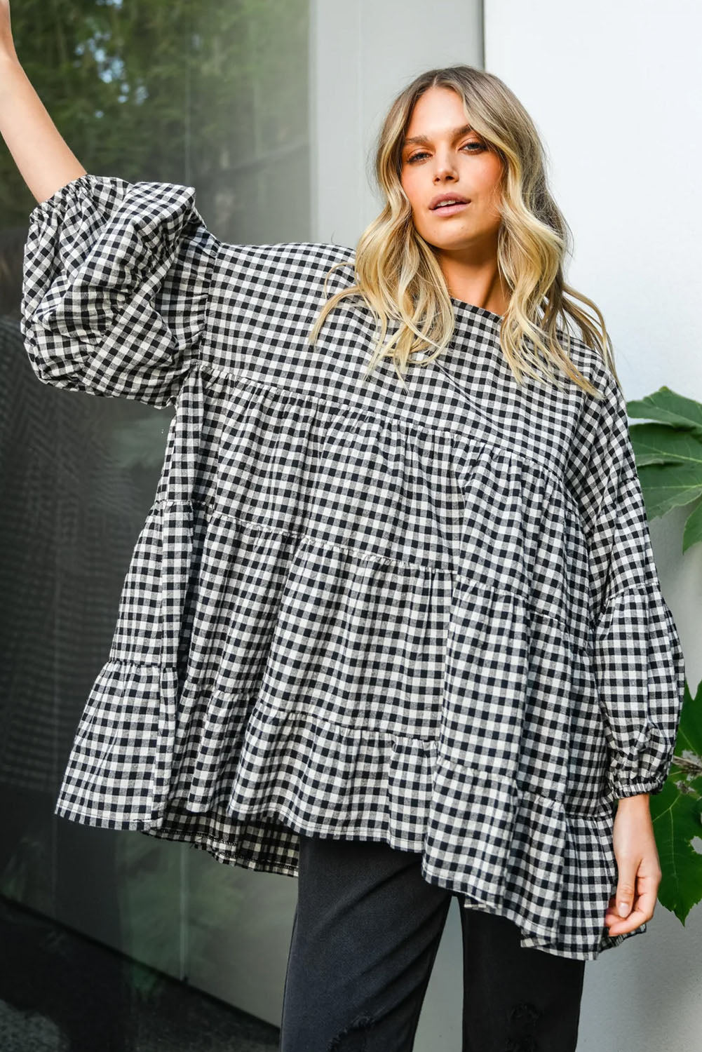 Black Plaid Drop Sleeve Tiered Oversized Blouse-True and Wild