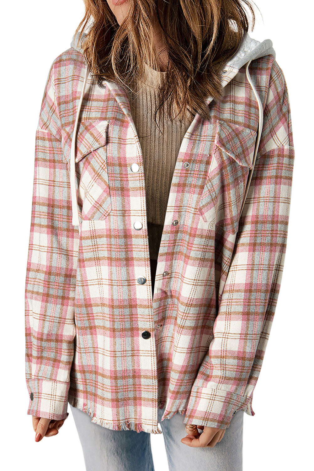 Multicolor Plaid Flap Pocket Hooded Raw Hem Shacket-True and Wild