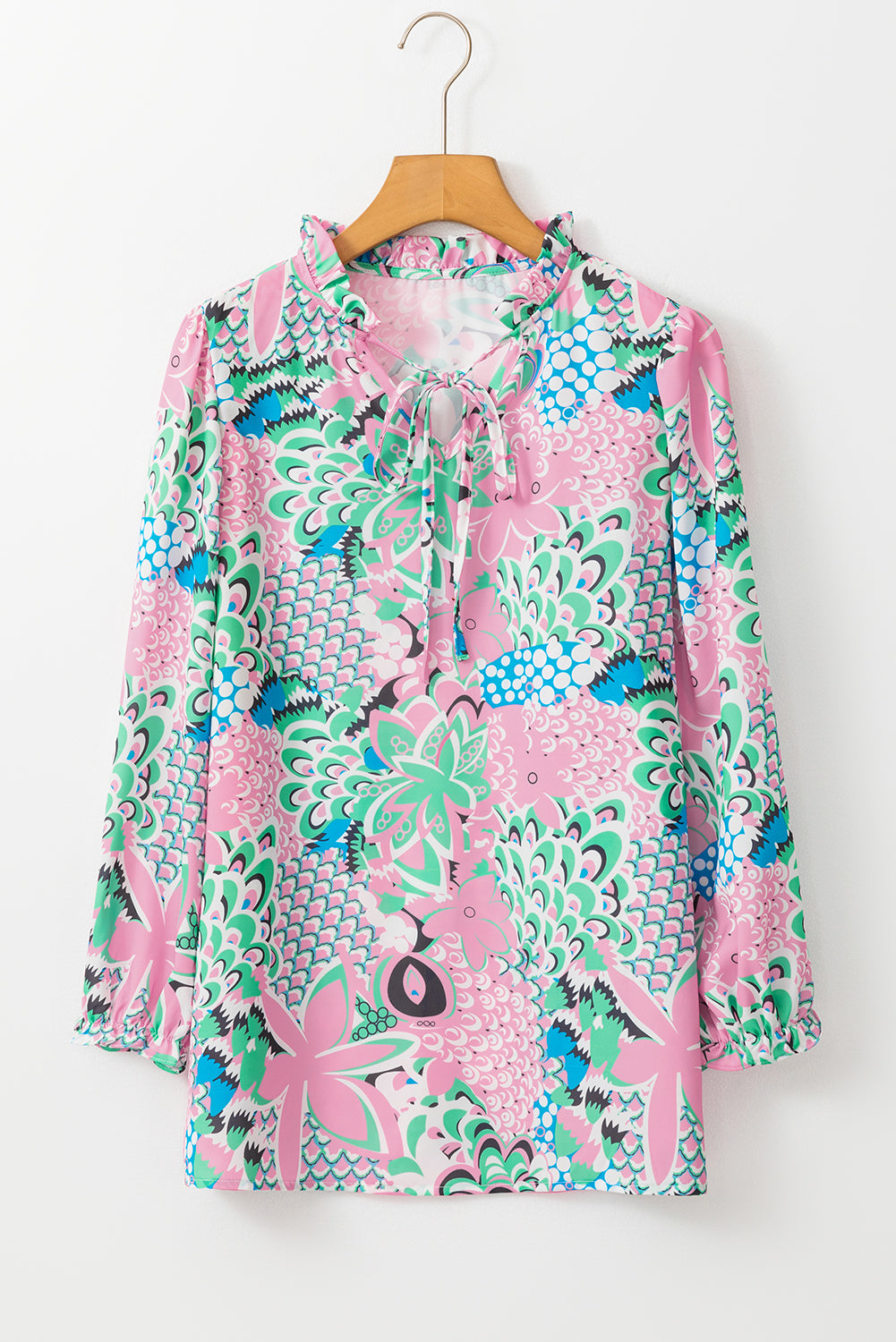 Green Tropical Floral Frill V-Neck Puff Sleeve Blouse-True and Wild