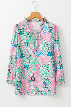 Green Tropical Floral Frill V-Neck Puff Sleeve Blouse-True and Wild