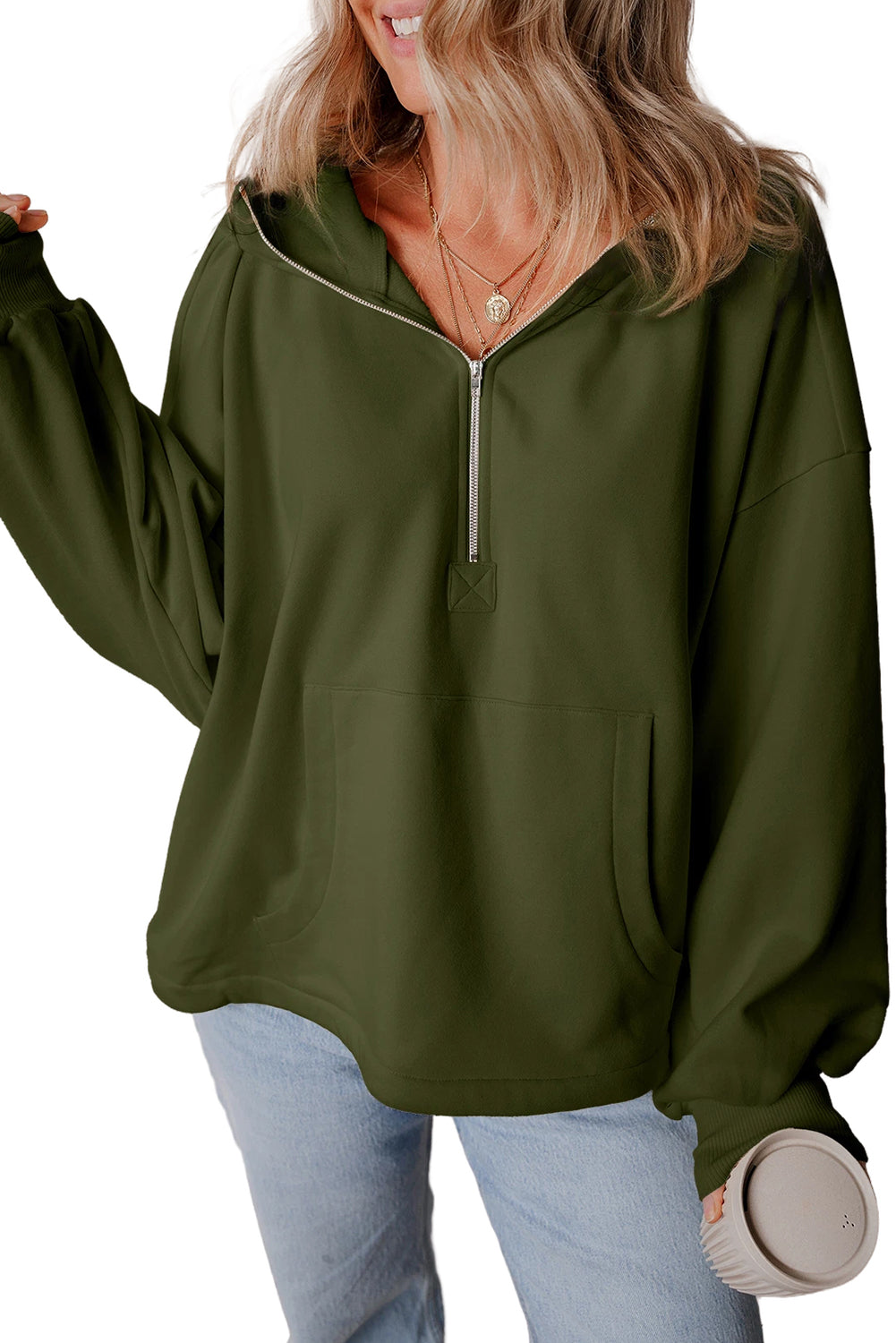 Black Half Zipper Kangaroo Pockets Drop Shoulder Hoodie-True and Wild