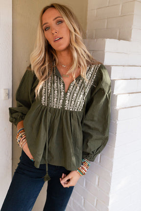 Green Embroidered Split Neck Pleated Loose Blouse-True and Wild