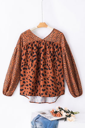 Brown Leopard V Neck Lantern Sleeve Tunic Blouse-True and Wild