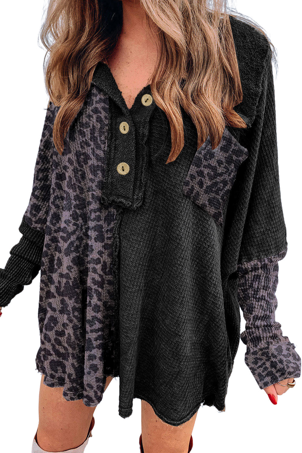 Black Waffle Knit and Leopard Print Color Block Oversized Henley Shirt-True and Wild