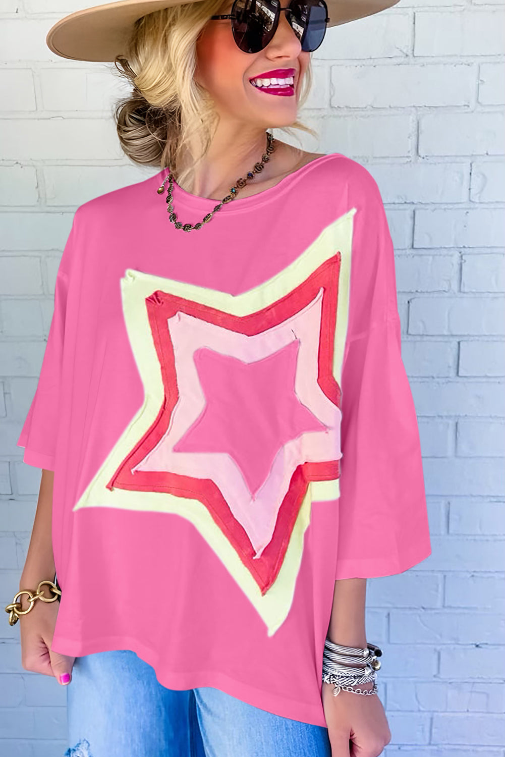 Moonlight Jade Colorblock Star Patched Half Sleeve Oversized Tee-True and Wild