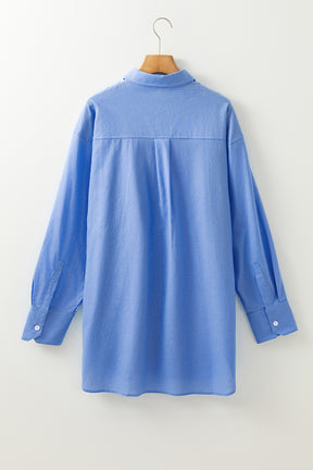 Blue Chest Pocket Button-up Loose Fit Blouse-True and Wild