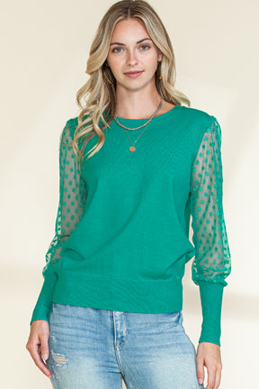 Green Dotted Mesh Puff Sleeve Top-True and Wild