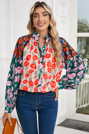 Red Colorblock Floral Print Puff Sleeve Shirt-True and Wild