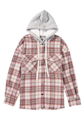 Multicolor Plaid Flap Pocket Hooded Raw Hem Shacket-True and Wild