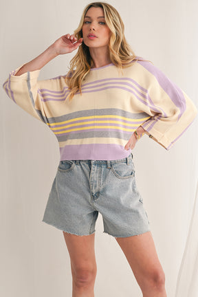 Purple Striped Rib-Knit Cropped Top-True and Wild