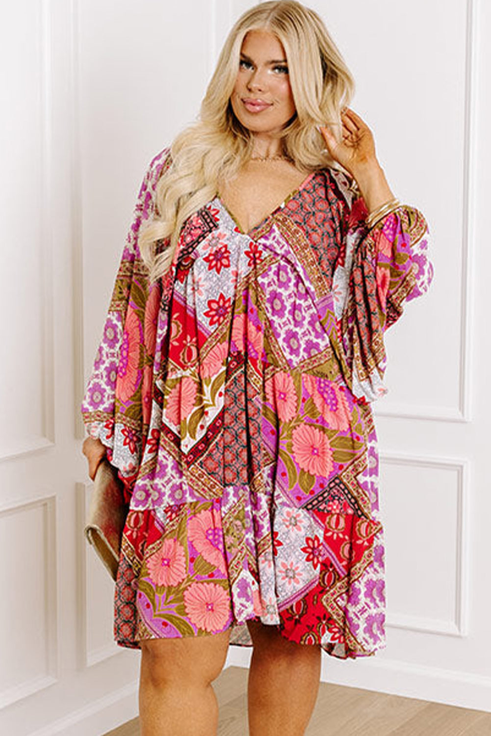 Rose Floral Patchwork Long Sleeve V Neck Lace-up Back Plus Size Dress-True and Wild