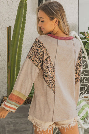 Khaki Leopard Contrast Exposed Seam Long Sleeve Top-True and Wild