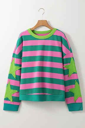 Pink Stripe Star Patchwork Round Neck Pullover Sweatshirt-True and Wild