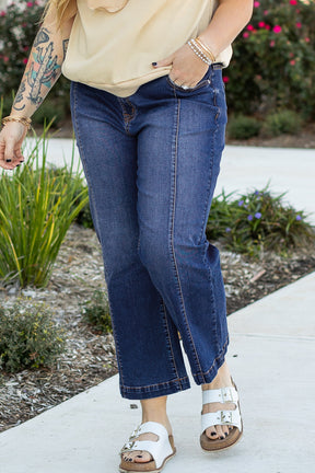 Navy Blue Plus Size Seamed Wide Leg High Waist Jeans-True and Wild