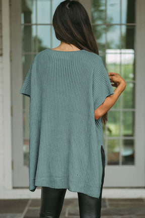 Haze Blue Side Slit Short Sleeve Oversized Sweater-True and Wild