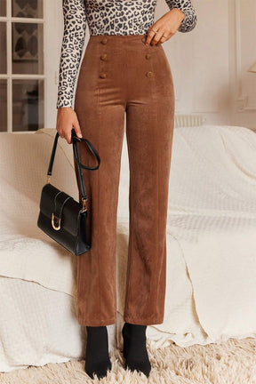 Chestnut Solid Color Double Breasted Straight Leg Pants-True and Wild