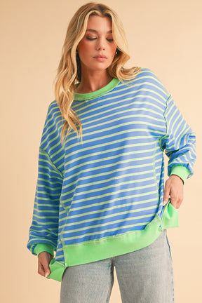 Pink Stripe Contrast Trim High Low Tunic Sweatshirt-True and Wild