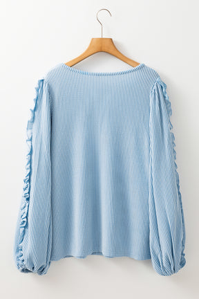 Mist Blue Corded Frill Detail Puff Sleeve Top-True and Wild