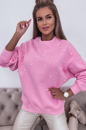 Pink Pearl Decor Ribbed Contrast Round Neck Sweatshirt-True and Wild