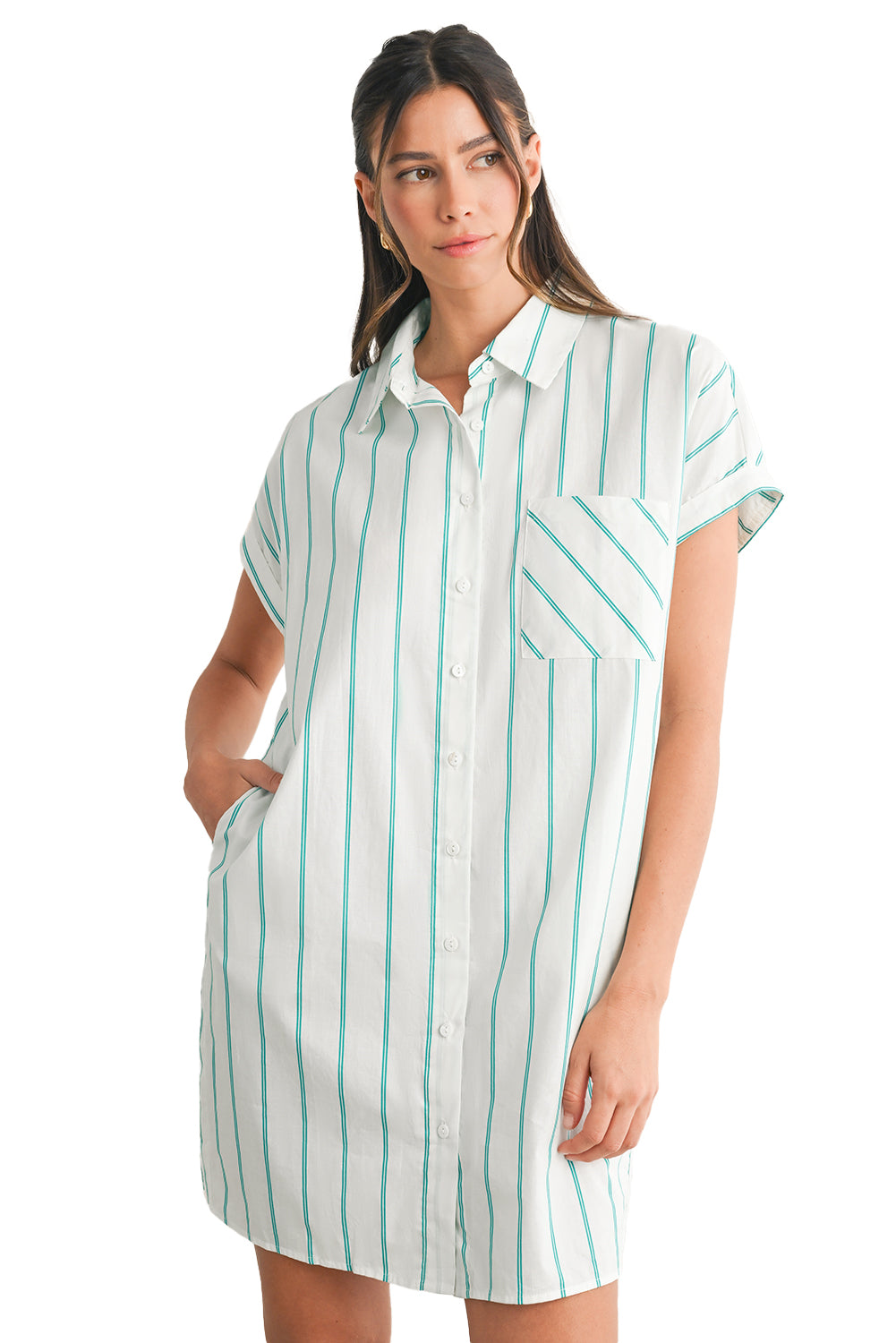 Mint Green Striped Pocket Short Sleeve Mini Dress-True and Wild